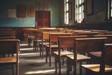 Vintage lecture chairs in empty classroom for Teacher's Day concept with Generative AI.