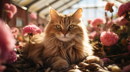 Cute Cat Laying On The Ground in a Pink Barn On A Farm  Blurry Background - obrazy, fototapety, plakaty