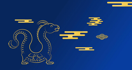 Fototapeta premium Image of dragon symbol and chinese pattern on blue background