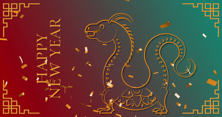 Image of happy new year text, dragons symbols and chinese pattern on red to green background