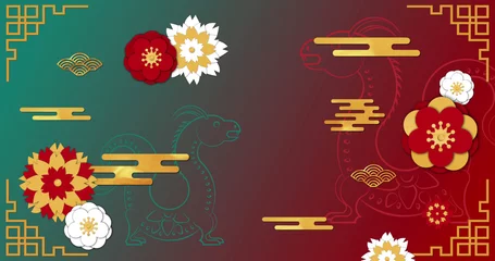  Image of dragons symbols and chinese pattern on red to green background © vectorfusionart