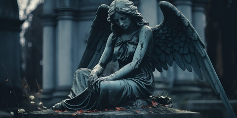 Stone statue of a sad angel Theme of loss and bereavement of a child, 