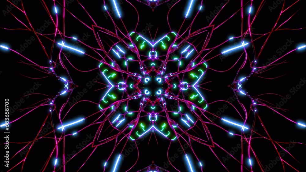 Poster neural pattern with bright pulses. design. bright mandala-style pattern and neural connections pulsa