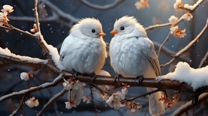 Two small cute white birds on a snowy branch in winter