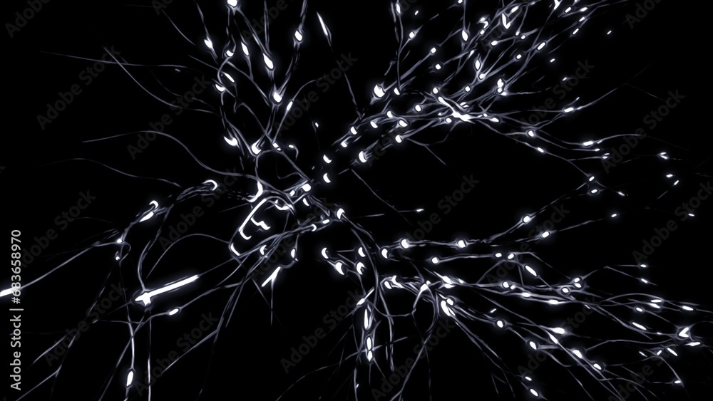 Poster lines of neural connections with bright impulses. design. network of neural lines with flashing puls