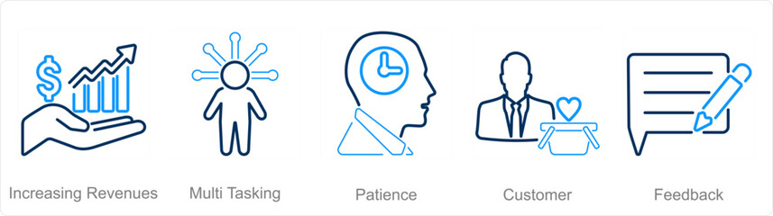 A set of 5 customer service icons as increasing revenues, musti tasking, patience
