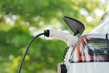Closeup EV electric car recharge battery at parking lot in green city park. Alternative clean...