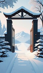 A majestic gate looms amidst a serene landscape by ai generated