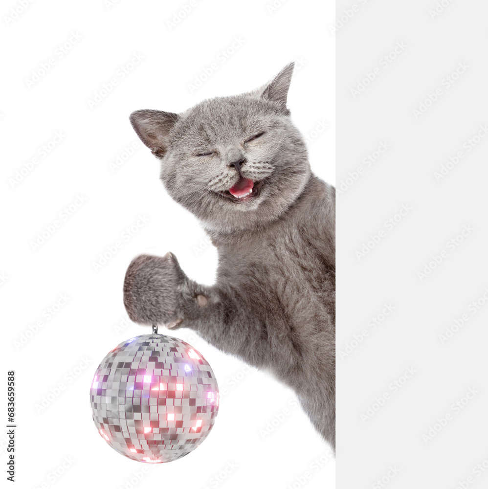 Poster happy cat looks from behind empty banner and shows dico ball. isolated on white background