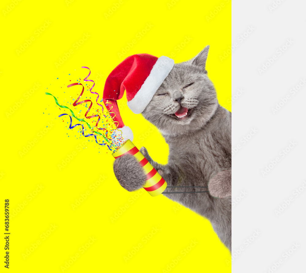 Aufkleber Happy cat wearing red santa hat holds exploding firecracker and looks from behind empty white banner. Isolated on yellow background