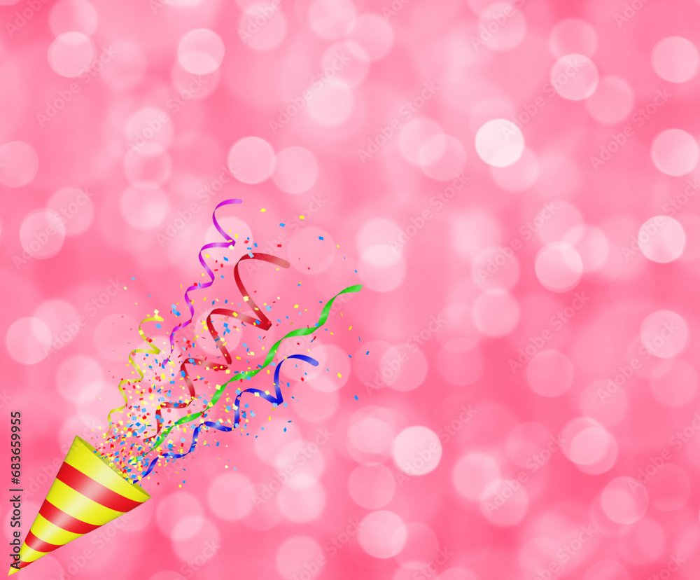 Poster party popper with flying confetti. yellow and red firecracker explodes with serpentine. birthday and