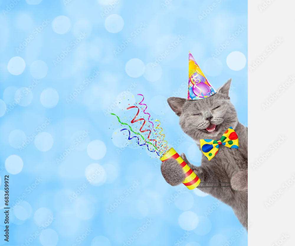 Aufkleber Happy cat wearing party cap holds exploding firecracker and looks from behind empty white banner. festive blured background