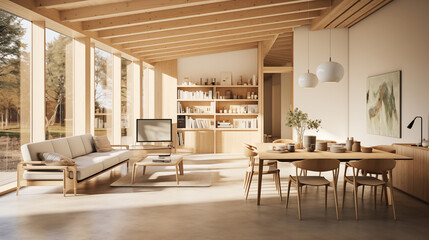 Photo of an interior of a home with a wooden ceiling and floor