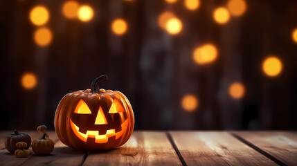 Fototapeta premium Halloween pumpkin with lantern on wooden with bokeh background at night
