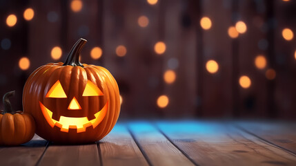 Halloween pumpkin with lantern on wooden with bokeh background at night