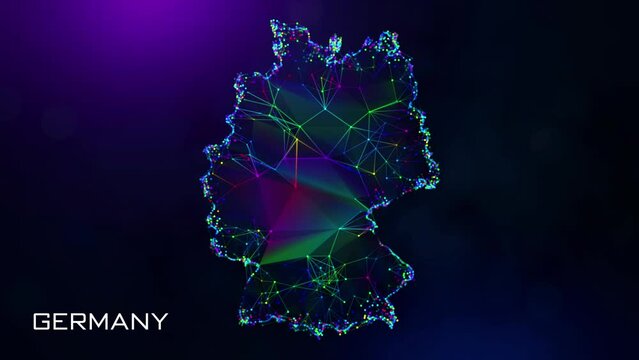 Futuristic Sweet Motion Reveal Germany Map Polygonal Blue Purple Colorful Connected Lines And Dots Wireframe Network With Text On Hazy Flare Bokeh Background, Last 10 Seconds Seamless Loop