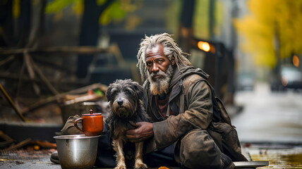 Homeless poor beggar with a dog sits on the street. - obrazy, fototapety, plakaty