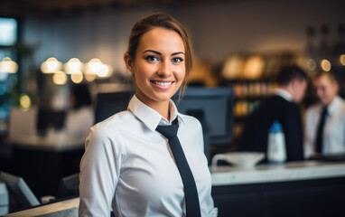 Smiling young and attractive saleswoman, cashier serving customers