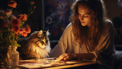 Recreation of a girl with her cat - obrazy, fototapety, plakaty