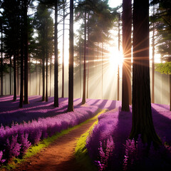 sunset in the purple park(forest). generation AI 