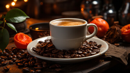 Obraz na płótnie Canvas Freshly Roasted and Brewed Coffee With a Coffee Cup on a Table Background Selective Focus