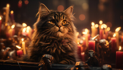 Recreation of a cute cat staring with candles around. Artificial intelligence - obrazy, fototapety, plakaty