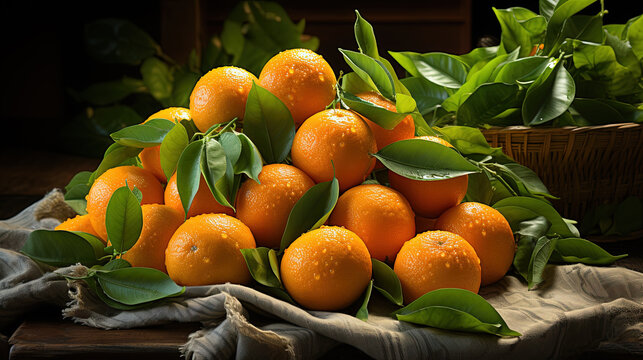 Wet Tangerines With Leaves On The Table Blurry Background