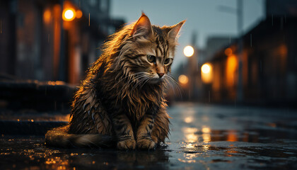 Recreation of a wet cat in a street - obrazy, fototapety, plakaty