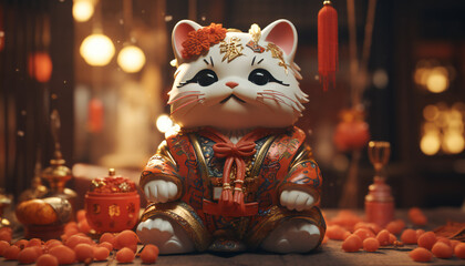Recreation of a Chinese Lucky Cat, Maneki neko - obrazy, fototapety, plakaty