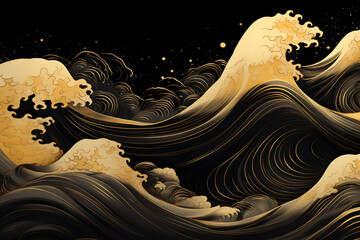 黒い背景に金で描かれた豪華な和風の模様 AI生成画像