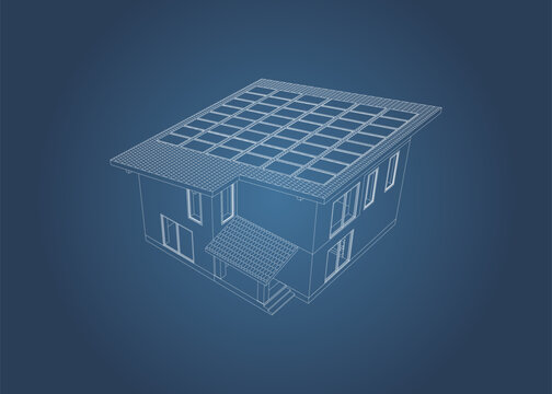 Contemporary  suburban house  with roof solar panels. Isolated 3D vector. Blueprint.