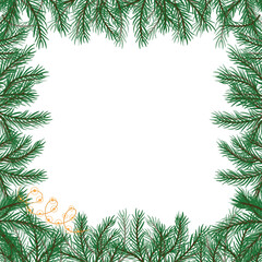 Fototapeta na wymiar Border of pine and fir branches for design of postcard or banner, sign. Modern design for holiday invitation card, poster, banner, greeting card, postcard, packaging, print. Vector illustration.