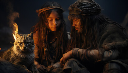 Recreation of girl and man with a cat in a ancient time or culture
