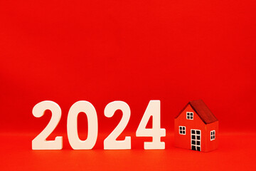 New House 2024 on ฺRed  background - new year trend 2024 - red pattern business concept of Real Estate, Home Property for Sale and rent - copy space , promotion design advertise