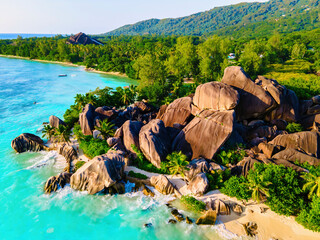 Anse Source d'Argent beach, La Digue Island, Seychelles, Drone aerial view of La Digue Seychelles bird eye view of tropical island in the evening light