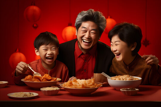 Asian family at a table full of food, celebrating dinner with wonton food, happycore, red background, indoor