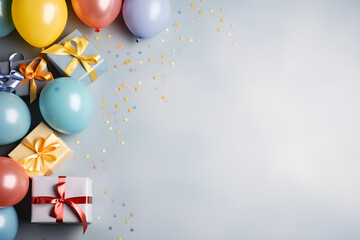 birthday composition with presents and balloons, flat lay top view with copy space
