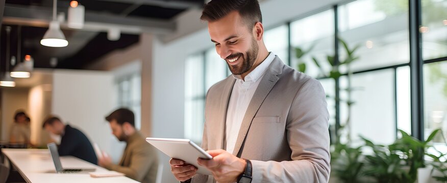 Busy young business man executive holding pad computer at work. Male professional employee using digital tablet fintech device standing in office checking financial online market data. generative AI