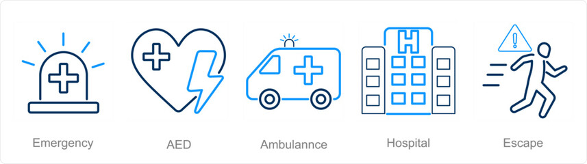 A set of 5 Emergency icons as emergency, aed, ambulance