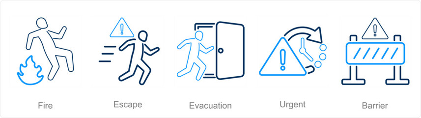 A set of 5 Emergency icons as fire, escape, evacuation
