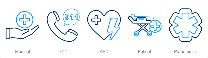A set of 5 Emergency icons as medical, 911, aed