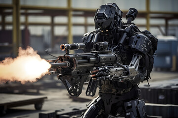 military humanoid combat robot concept firing weapon