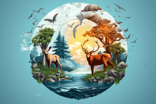 Concept of Earth and Save wild life animal , Wildlife in different environments , World animal day