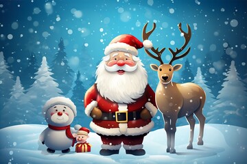 Christmas card : Santa standing with snowman and reindeer in the festive ambiance of Christmas