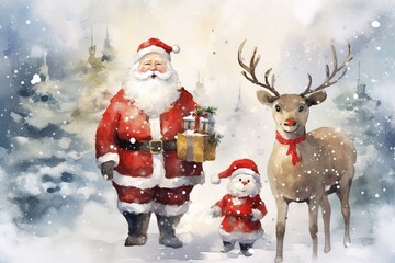 Christmas card : Santa standing with snowman and reindeer in the festive ambiance of Christmas