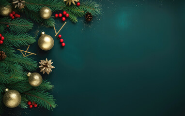 Christmas branches and decorations on green background with copy space