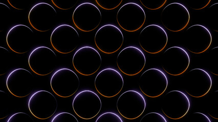 Abstract ring silhouettes on a black background. Design. Light flares sliding along the silhouettes of circles.