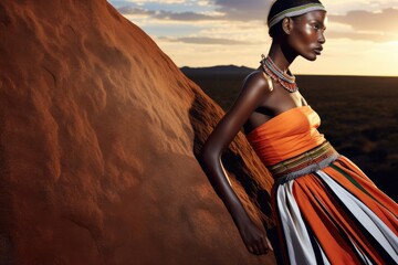 female model from kenia in a traditional african dress posing in an outdoor fashion shooting - obrazy, fototapety, plakaty