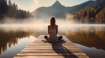 serene young woman meditating on a wooden pier by the lake, enhancing focus and well-being