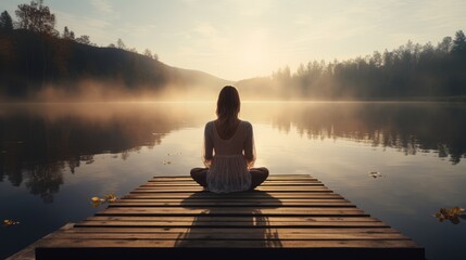 serene young woman meditating on a wooden pier by the lake, enhancing focus and well-being - obrazy, fototapety, plakaty